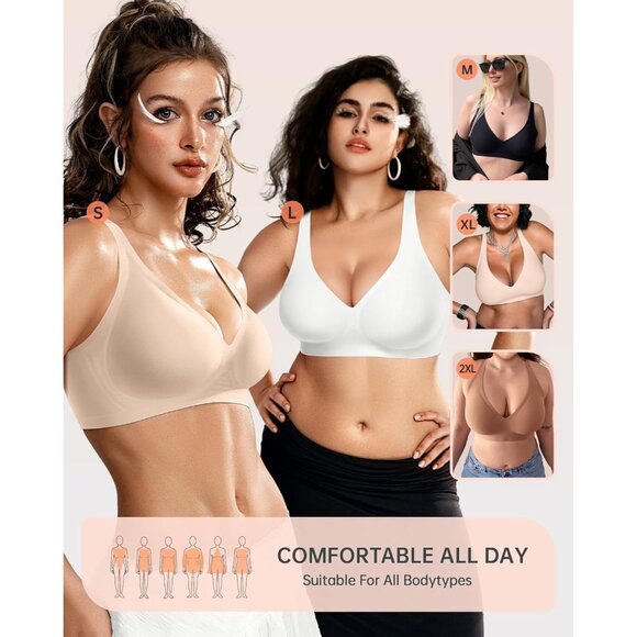 Women’s Seamless Wireless Deep V Supportive Bra T-Shirt Push Up Bralette - Picture 7 of 8